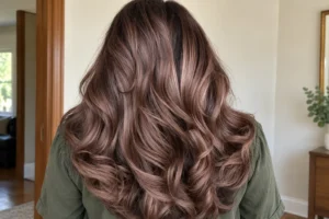 Back view of long, wavy mauve rose brown hair with an olive green blouse in a home setting.