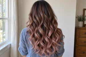 Long brown hair with rose gold balayage and loose curls, shown from behind in a home setting.