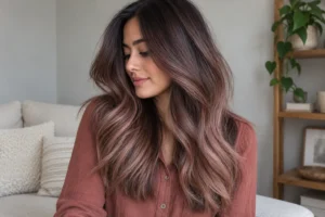 Woman with long espresso brown waves and muted rose highlights wearing a terracotta blouse at home.