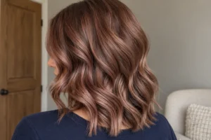 Side view of shoulder-length brown waves with dusty rose highlights, worn with a navy top at home.