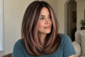 Woman with smooth dark brown hair and rose brown face-framing highlights wearing a teal shirt at home.
