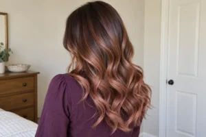 Long curls transitioning from dark brown roots to rose brown ends, shown with a plum blouse at home.