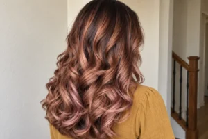 Back view of chestnut brown curls with rose highlights, paired with a mustard blouse in a home hallway.