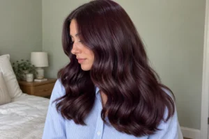 Woman with long, wavy plum rose brown hair wearing a pale blue striped shirt in a bedroom.