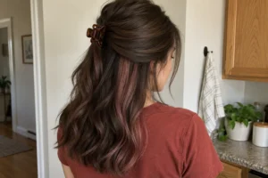 Half-up brunette hairstyle revealing hidden rose brown panels beneath the top layer in a home setting.