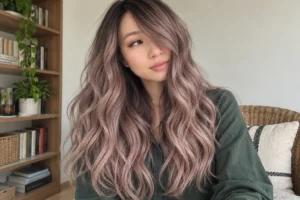 Woman with long, wavy mushroom rose brown hair and a side-swept fringe wearing a green blouse at home.