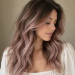 Brunette woman with soft rose brown waves and dark roots wearing a cream blouse at home.
