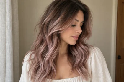 Brunette woman with soft rose brown waves and dark roots wearing a cream blouse at home.