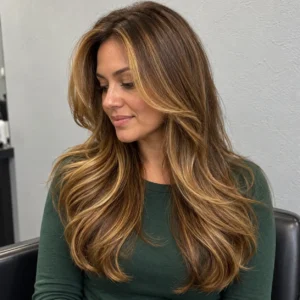 Long classic honey brown hair with soft layers, loose waves, and golden face-framing highlights.