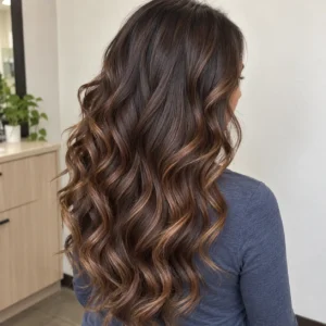Long dark honey brown hair with flowing curls and subtle honey highlights through the lengths and ends, viewed from behind.