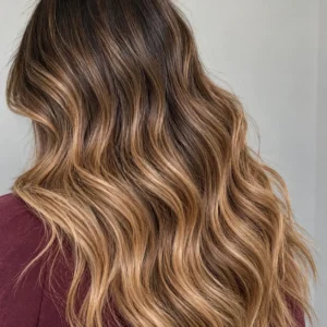 Close-up of honey brown balayage with dark brown roots blending into honey-toned lengths and loose waves.