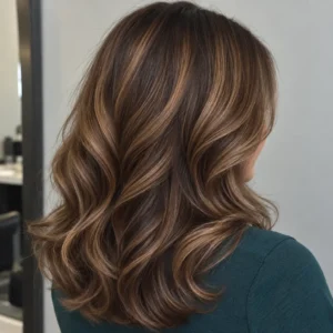 Close-up of chocolate honey brown hair with softly blended honey highlights and large, flowing curls.
