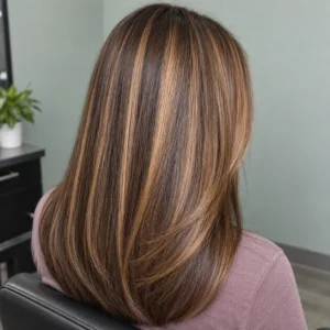 Close-up of straight caramel honey brown hair with blended highlights, soft layers, and inward-curved ends.