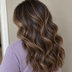 Close-up of dark brown hair with fine honey brown babylights blended through soft, flowing waves.