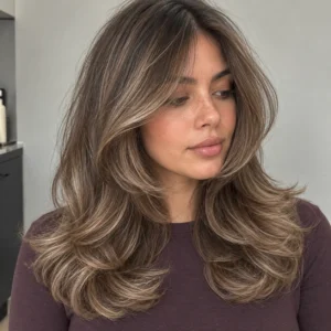 Close-up of layered brown hair with honey-toned face-framing highlights and softly swept curtain bangs.