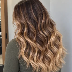 Close-up of honey brown ombré hair with dark chocolate roots blending into lighter honey ends and loose waves.