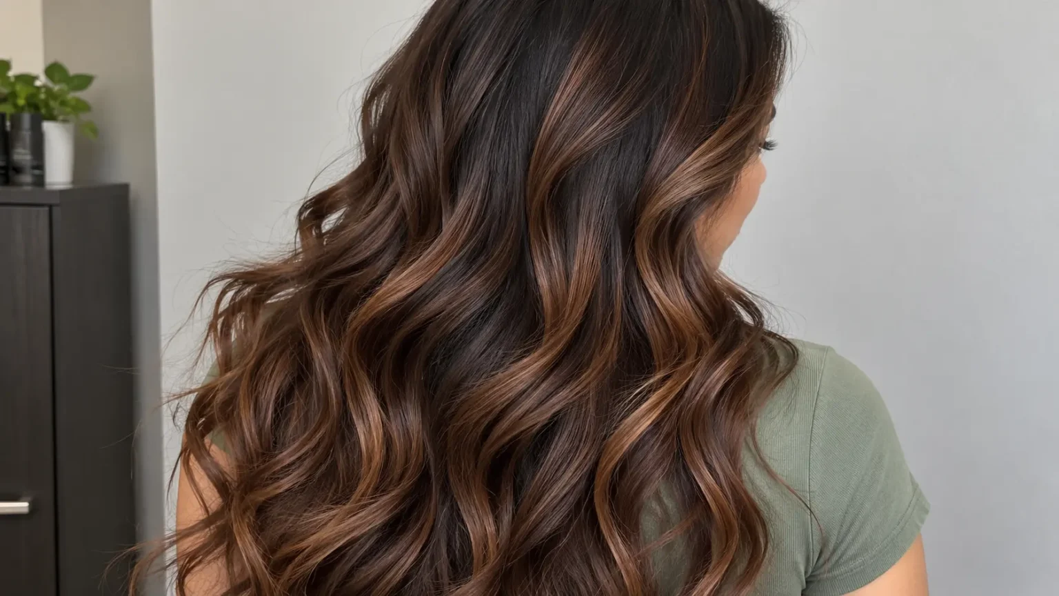 Close-up of dark honey brown hair with subtle warm highlights and large flowing waves, viewed from behind.