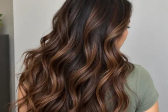 Close-up of dark honey brown hair with subtle warm highlights and large flowing waves, viewed from behind.