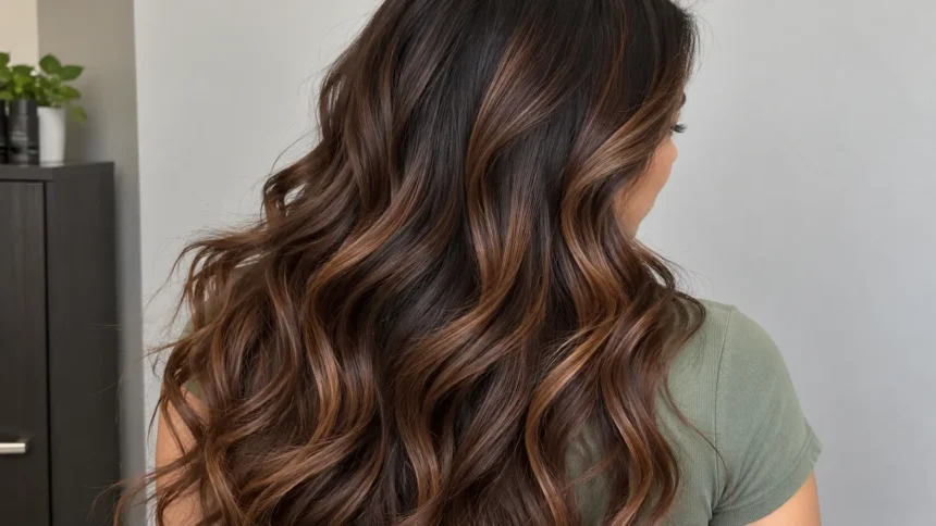 Close-up of dark honey brown hair with subtle warm highlights and large flowing waves, viewed from behind.