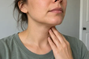 Close-up of a woman gently touching the side of her neck while wearing a sage green shirt at home.