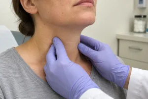 Close-up of a clinician wearing purple gloves gently examining a woman’s neck.