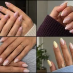 Four almond nail designs featuring pink florals, pastel curves, milky nude polish, and pale yellow with pearl accents.