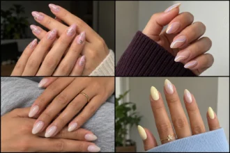 Four almond nail designs featuring pink florals, pastel curves, milky nude polish, and pale yellow with pearl accents.