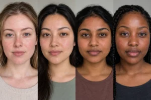 Side-by-side close-up portraits of four women with varying skin tones and natural facial redness.
