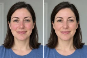 Side-by-side portraits illustrating visible cheek redness and reduced redness with light makeup, with the jawline and neck visible.
