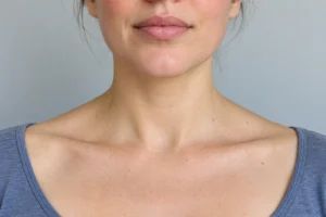 Close-up of a woman’s lower face, neck, and upper chest showing natural skin color variation in even lighting.