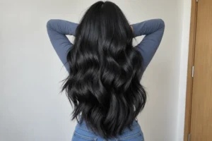 Back view of long, glossy jet black hair styled in loose waves, with a slate-blue top and blue jeans.