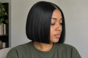 Close-up of a chin-length jet black blunt bob with a center part, worn by a woman in a moss-green top.