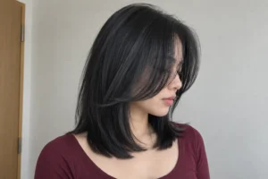Collarbone-length jet black hair with sweeping face-framing layers and softly curved ends, worn with a burgundy top.