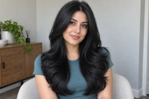 Long jet black hair with sweeping face-framing layers and softly curled ends, worn over a muted teal top.