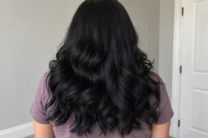 Back view of jet black hair with soft, loose waves falling to mid-back over a muted mauve T-shirt.