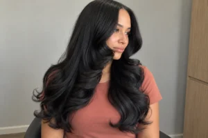Long jet black hair styled in large defined curls with sweeping face-framing layers, worn over a terracotta top.