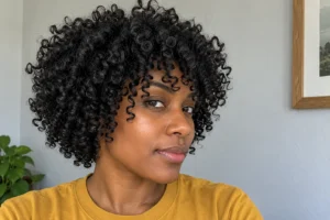 Close-up of short jet black coils in a rounded bob with a curly fringe, worn by a woman in a mustard top.