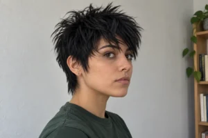 Close-up of a textured jet black pixie with tousled layers, wispy fringe, and tapered sides, worn with a forest-green top.