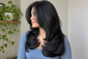Long jet black hair with center-parted curtain bangs and feathered layers, worn over a dusty-blue top.