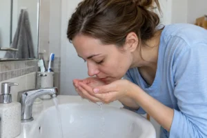 Woman gently massaging cleanser onto her wet cheeks at a bathroom sink.
