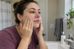 Woman rinsing her face with water cupped in her hands over a bathroom basin.