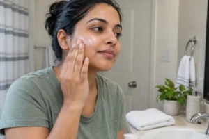 Woman applying moisturizer to her slightly damp cheek after washing her face.
