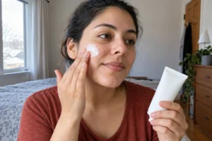 Woman applying sunscreen to her cheek while holding a plain white tube beside a bedroom window.