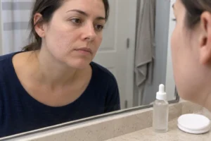 Woman examining a dry, flaky cheek in a bathroom mirror with skincare products set aside.