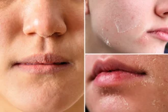 Three close-up views of dry, flaky facial skin around the nose, cheeks, mouth, and chin.