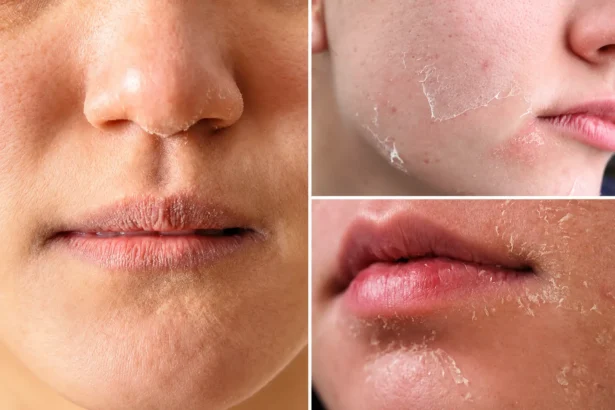 Three close-up views of dry, flaky facial skin around the nose, cheeks, mouth, and chin.