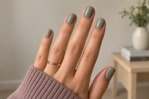 Close-up of glossy sage green squoval nails with a thin gold ring and dusty mauve sleeve in a home setting.