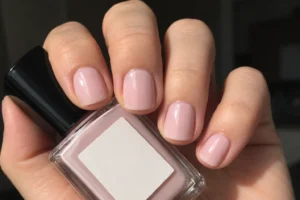 Close-up of glossy milky pink squoval nails holding a bottle of matching pale pink nail polish.