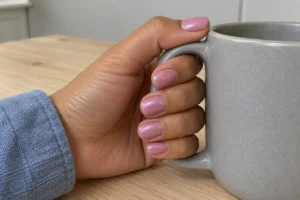 Close-up of short mauve pink nails with a pearly sheen holding a gray ceramic mug on a wooden table.