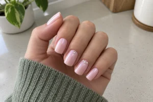 Close-up of shimmering pearl pink square nails with tiny pearl and silver accents above a light gray counter.